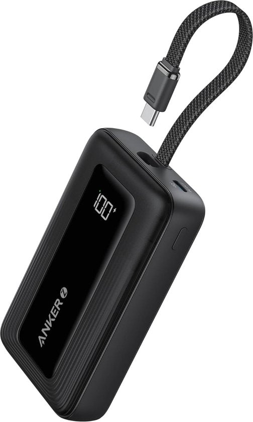Anker Zolo Power Bank (10,000mAh, 30W, Built-in USB-C Cable) - 1x USB-C & 1x USB-A Port Black - Fast Charging