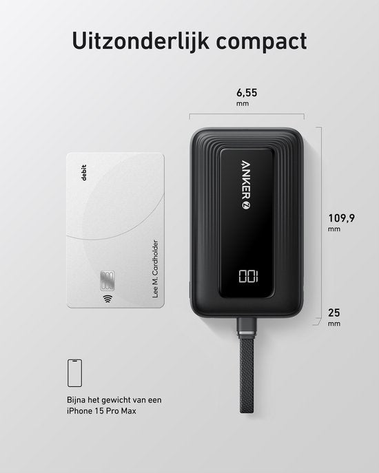 Anker Zolo Power Bank (10,000mAh, 30W, Built-in USB-C Cable) - 1x USB-C & 1x USB-A Port Black - Fast Charging
