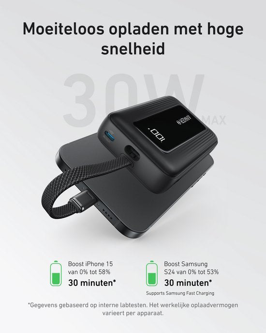 Anker Zolo Power Bank (10,000mAh, 30W, Built-in USB-C Cable) - 1x USB-C & 1x USB-A Port Black - Fast Charging